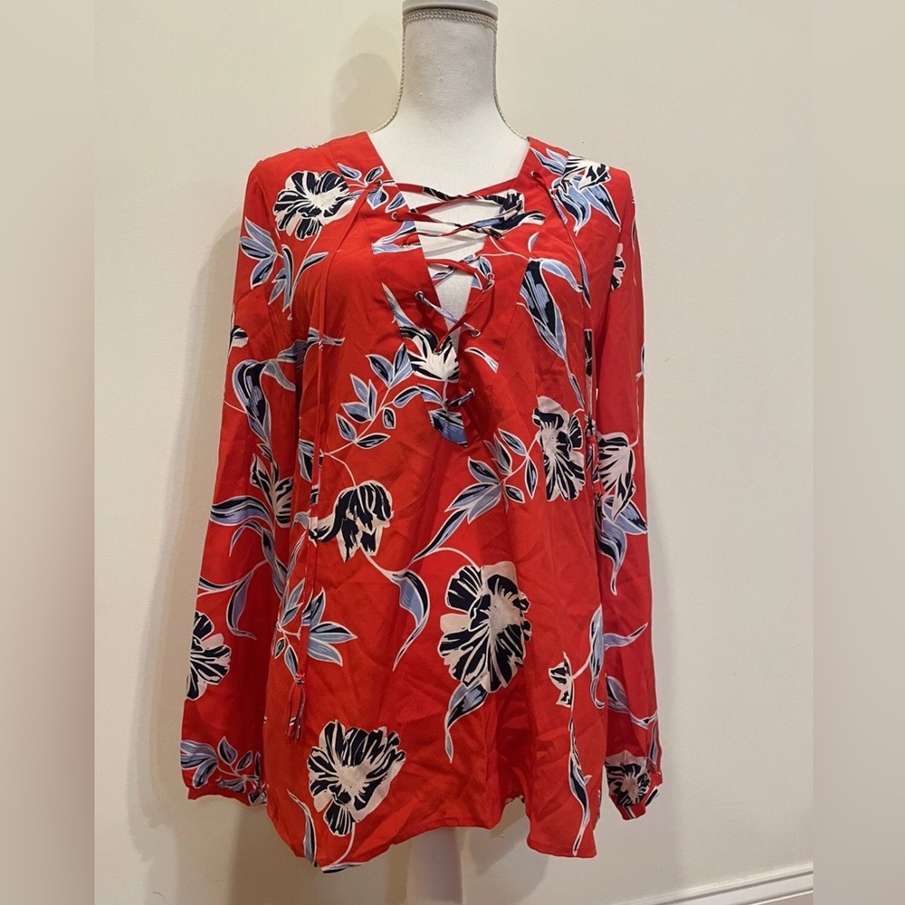 NWT Yumi Kim Silk Lace Up Long Sleeve Floral Top L